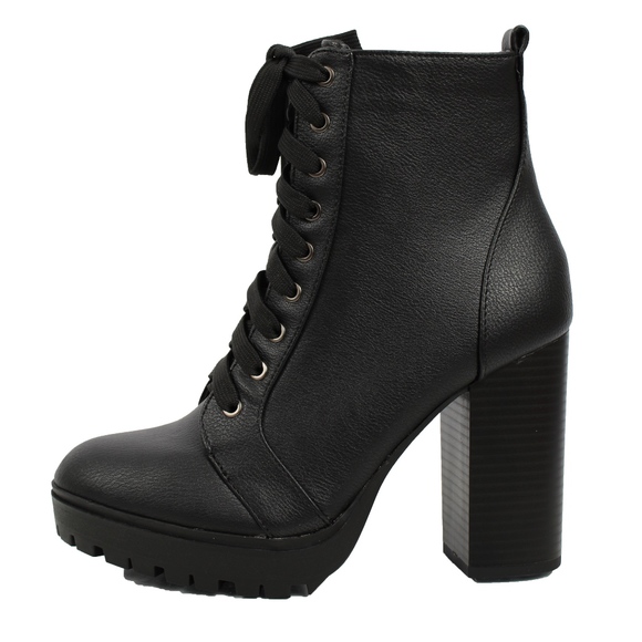 Restock Black Faux Leather Combat Lug Platform - Picture 2 of 7